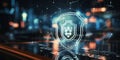 Cybersecurity and data protection concept with shield icon hologram over futuristic interface elements Royalty Free Stock Photo