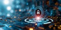 Cybersecurity and data protection concept with shield icon hologram over futuristic interface elements Royalty Free Stock Photo