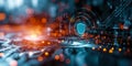 Cybersecurity and data protection concept with shield icon hologram over futuristic interface elements Royalty Free Stock Photo
