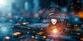 Cybersecurity and data protection concept with shield icon hologram over futuristic interface elements Royalty Free Stock Photo