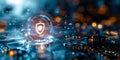 Cybersecurity and data protection concept with shield icon hologram over futuristic interface elements Royalty Free Stock Photo