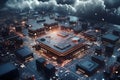 Generative AI. 3D Render of Neon Microchip Circuit Board with Floating Cloud