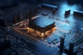 Generative AI. 3D Render of Neon Microchip Circuit Board with Floating Cloud