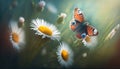 Generative AI. Daisy perennial flowers with butterflies in a sunny garden , out of focus , blurred focus