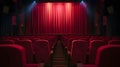 Generative AI Darkened empty movie theatre and stage with the red curtains drawn viewed over rows of vacant seats Royalty Free Stock Photo