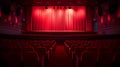 Generative AI Darkened empty movie theatre and stage with the red curtains drawn viewed over rows of vacant seats Royalty Free Stock Photo