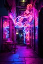 Generative ai. decoration interior bar or night club in neon blue and red lights. Party or nightlife entertainment