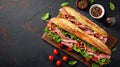 Generative AI Delicious baguette sandwich with ham bacon cheese lettuce tomatoes sausage gammon on cutting board w Royalty Free Stock Photo