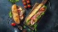 Generative AI Delicious baguette sandwich with ham bacon cheese lettuce tomatoes sausage gammon on cutting board w Royalty Free Stock Photo