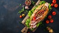 Generative AI Delicious baguette sandwich with ham bacon cheese lettuce tomatoes sausage gammon on cutting board w Royalty Free Stock Photo