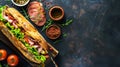 Generative AI Delicious baguette sandwich with ham bacon cheese lettuce tomatoes sausage gammon on cutting board w Royalty Free Stock Photo