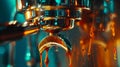 Generative AI Delicious fresh morning espresso coffee pouring through the portafilter close up vertical view busin Royalty Free Stock Photo