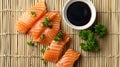 Generative AI Delicious salmon sashimi served with funchosa soy sauce and parsley on bamboo mat flat lay business