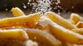 Generative AI Detail Shot of adding Salt on French Fries Closeup business concept.