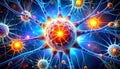 The image displays an artistic rendering of several neurons, glowing with vibrant blues, oranges, and yellows for Royalty Free Stock Photo