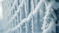 Generative AI Details metal mesh in the snow fence covered by snow and hoarfrost Beautiful white fence net snow ou Royalty Free Stock Photo