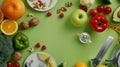 Generative AI Dieting concept Top view photo of plates with fruits vegetables nuts cutlery tape measure scales and Royalty Free Stock Photo