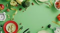 Generative AI Dieting concept Top view photo of plates with fruits vegetables nuts cutlery tape measure scales and Royalty Free Stock Photo