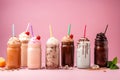 Generative ai. Different delicious freak shakes on color background