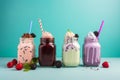 Generative ai. Different delicious freak shakes on color background