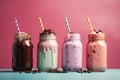 Generative ai. Different delicious freak shakes on color background