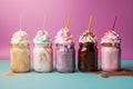 Generative ai. Different delicious freak shakes on color background