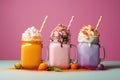 Generative ai. Different delicious freak shakes on color background
