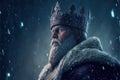Generative AI digital art of an old king wearing a frozen crown during a blizzard
