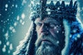 Generative AI digital art of an old king wearing a frozen crown during a blizzard