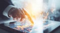Generative AI Digital Transformation A Hand Interacting with a Modern Tablet Displaying Data Visualization and Inn Royalty Free Stock Photo