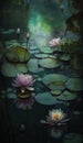 Generative AI. Digitally created watercolor painting of vibrant water lilies in a pond