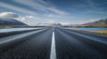 Generative AI Diminishing perspective of asphalt empty roadway with road markings passing through scenic lake agai Royalty Free Stock Photo