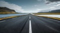 Generative AI Diminishing perspective of asphalt empty roadway with road markings passing through scenic lake agai Royalty Free Stock Photo