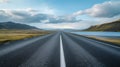 Generative AI Diminishing perspective of asphalt empty roadway with road markings passing through scenic lake agai Royalty Free Stock Photo