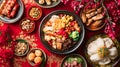 Generative AI Diverse Array of Traditional Chinese Dishes in Festive Table Setting for Celebration business concep