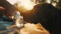 Generative AI Dog drinking water from plastic bottle. Pet owner takes care of his labrador retriever during hot su Royalty Free Stock Photo