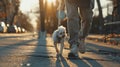 Generative AI Dog walker strides with his pet on leash while walking at street pavement business concept. Royalty Free Stock Photo