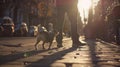 Generative AI Dog walker strides with his pet on leash while walking at street pavement business concept. Royalty Free Stock Photo