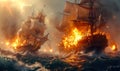 Dramatic maritime scene of tall ships engaged in a fierce battle on the high seas, with fiery explosions and turbulent ocean waves