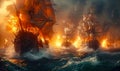 Dramatic maritime scene of tall ships engaged in a fierce battle on the high seas, with fiery explosions and turbulent ocean waves