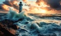 Dramatic scene of a lighthouse standing resilient against tumultuous sea waves under a stormy sky at sunset, symbolizing guidance Royalty Free Stock Photo