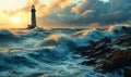 Dramatic scene of a lighthouse standing resilient against tumultuous sea waves under a stormy sky at sunset, symbolizing guidance Royalty Free Stock Photo