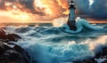 Dramatic scene of a lighthouse standing resilient against tumultuous sea waves under a stormy sky at sunset, symbolizing guidance Royalty Free Stock Photo