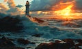 Dramatic scene of a lighthouse standing resilient against tumultuous sea waves under a stormy sky at sunset, symbolizing guidance Royalty Free Stock Photo