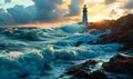 Dramatic scene of a lighthouse standing resilient against tumultuous sea waves under a stormy sky at sunset, symbolizing guidance Royalty Free Stock Photo