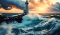 Dramatic scene of a lighthouse standing resilient against tumultuous sea waves under a stormy sky at sunset, symbolizing guidance Royalty Free Stock Photo