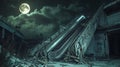 Generative AI Dramatic view of damaged escalators in abandoned building. Full moon shining on cloudy night sky thr