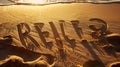 Generative AI Drawing picture of the sun traces and word relax on golden sand on sunny sandy beach The concept of Royalty Free Stock Photo