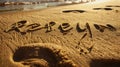 Generative AI Drawing picture of the sun traces and word relax on golden sand on sunny sandy beach The concept of Royalty Free Stock Photo