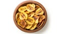 Generative AI Dried banana chips in wooden bowl isolated on white background with full depth of field Top view Fla Royalty Free Stock Photo